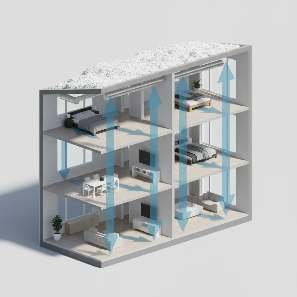 3D house layout showing airflow zones and cooling load distribution in a 2000 sq ft home