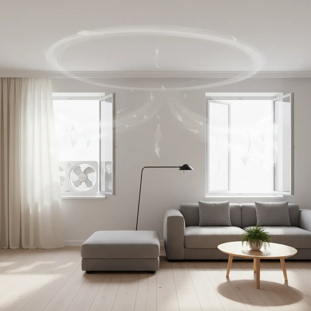 fan placed near window creating cross ventilation in painted room