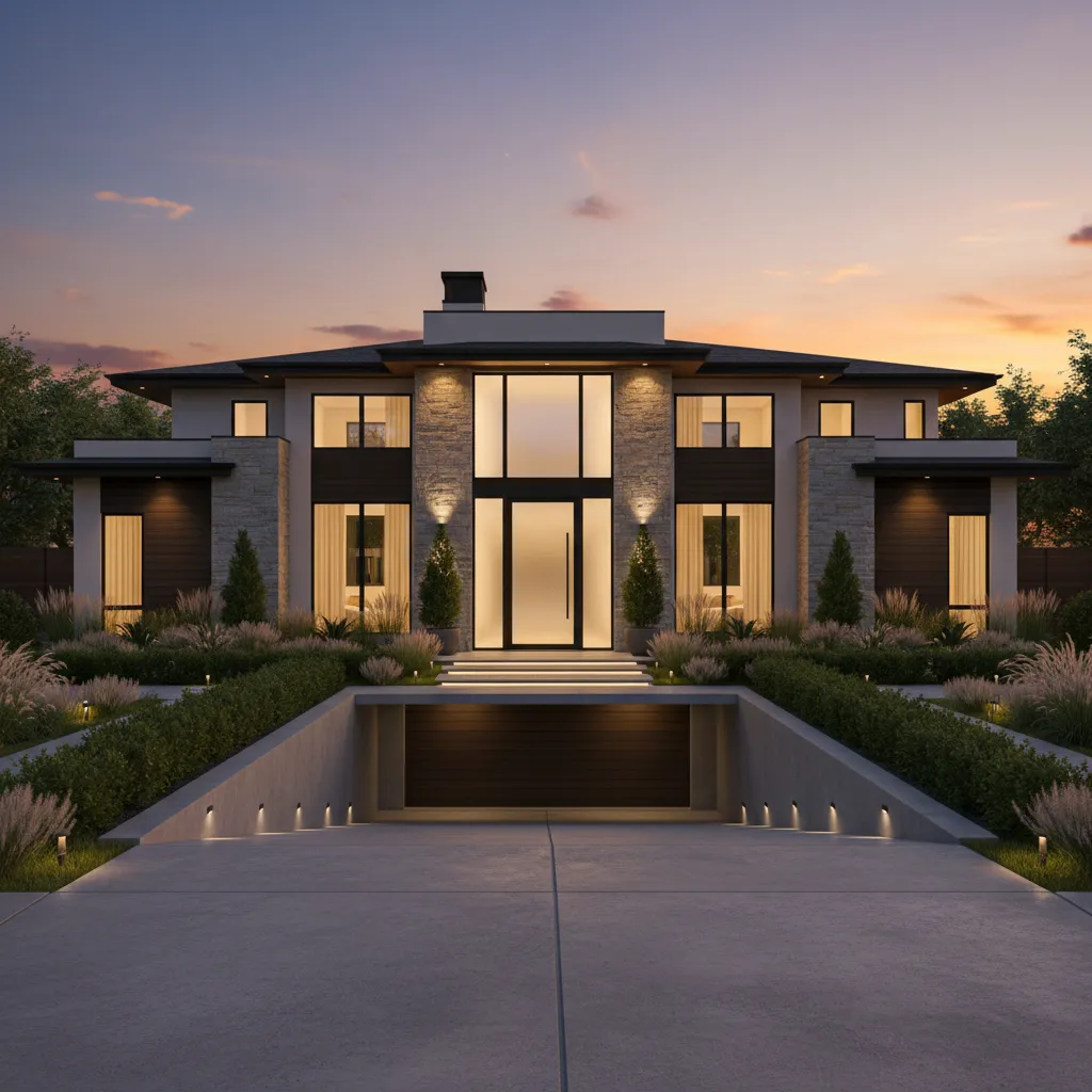 Beautiful house exterior with modern entry door lighting and landscaping improving property value