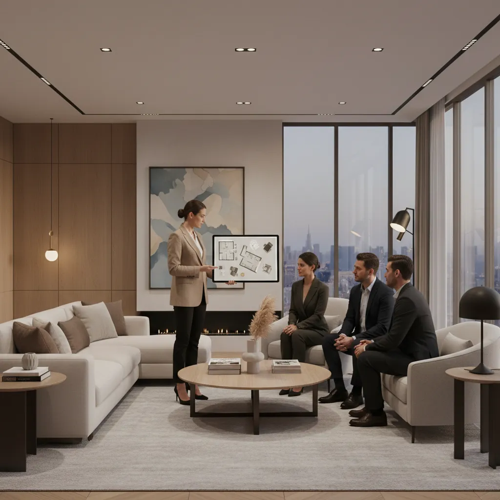 designer presenting interior design concept to guests in living room