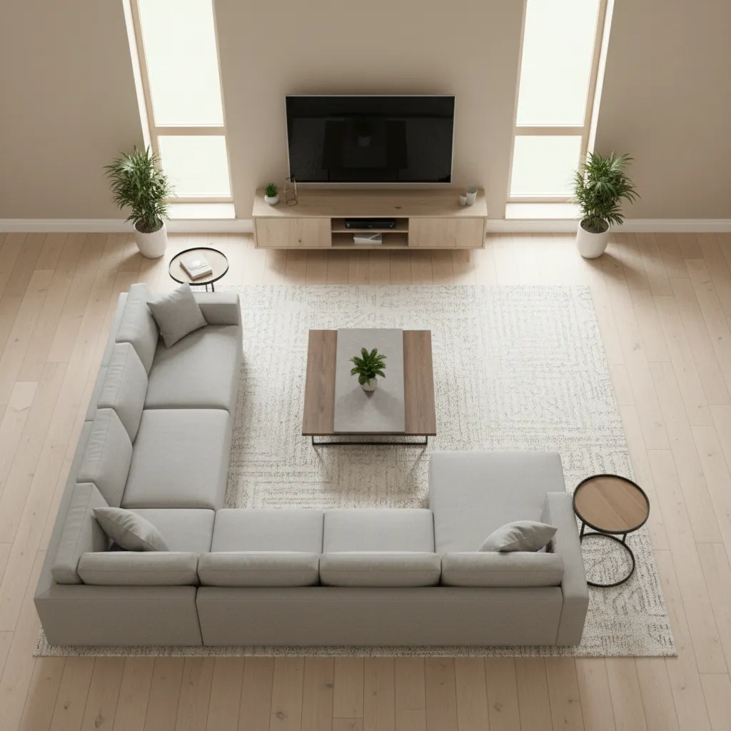 3D living room layout planning for furniture and decor placement
