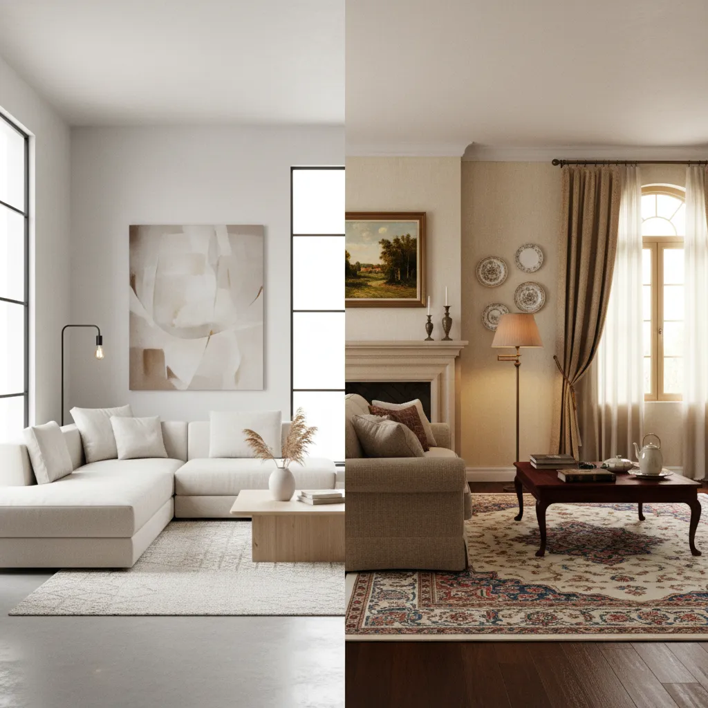 Side by side living room styles modern minimalist and traditional decor