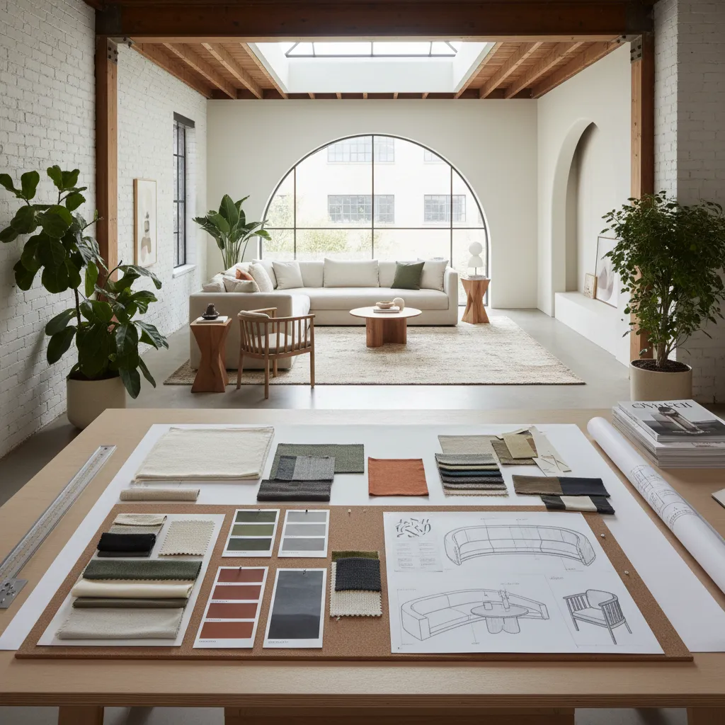 Interior designer mood board and living room style planning layout