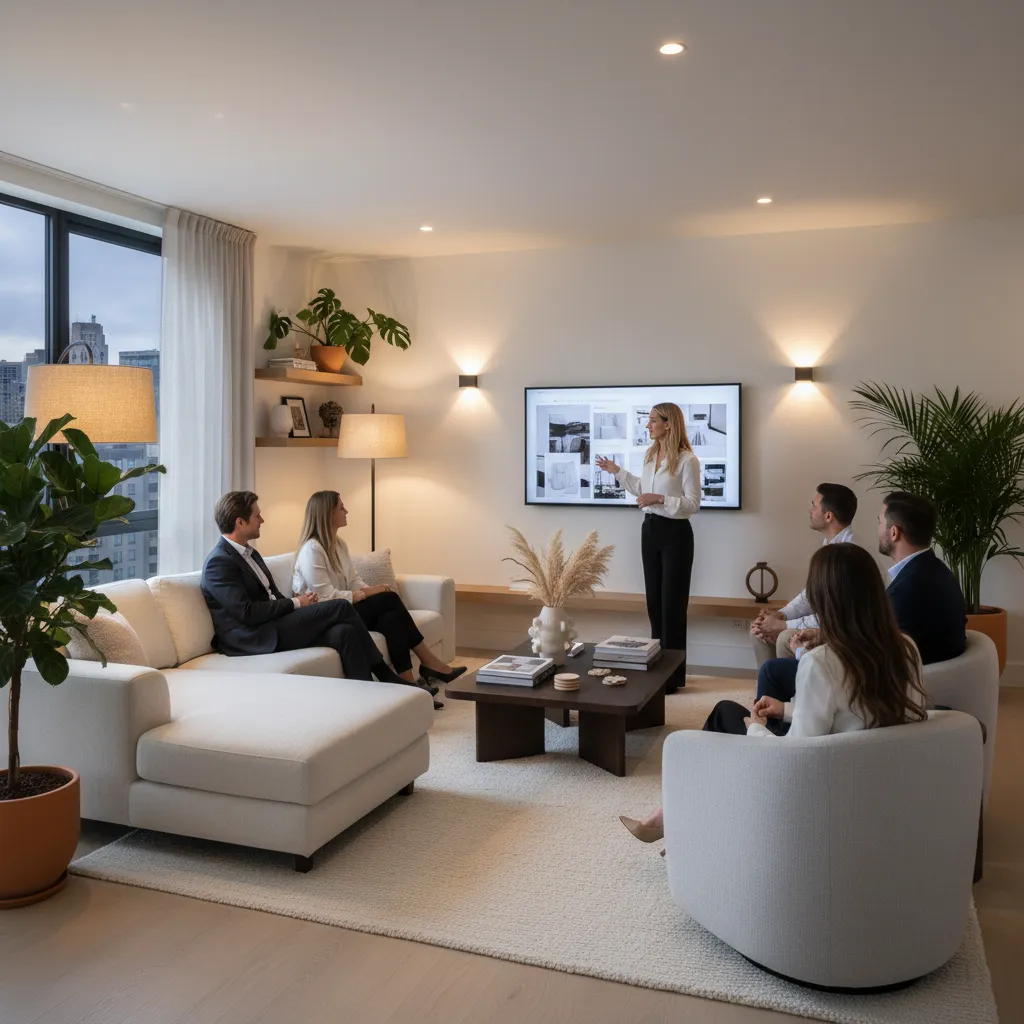 Small group attending a home decorating party in a stylish living room