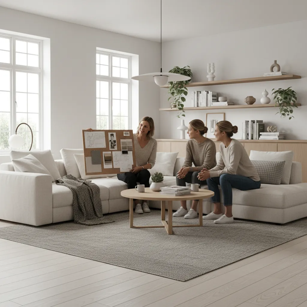 group discussing interior decorating ideas in a living room setting