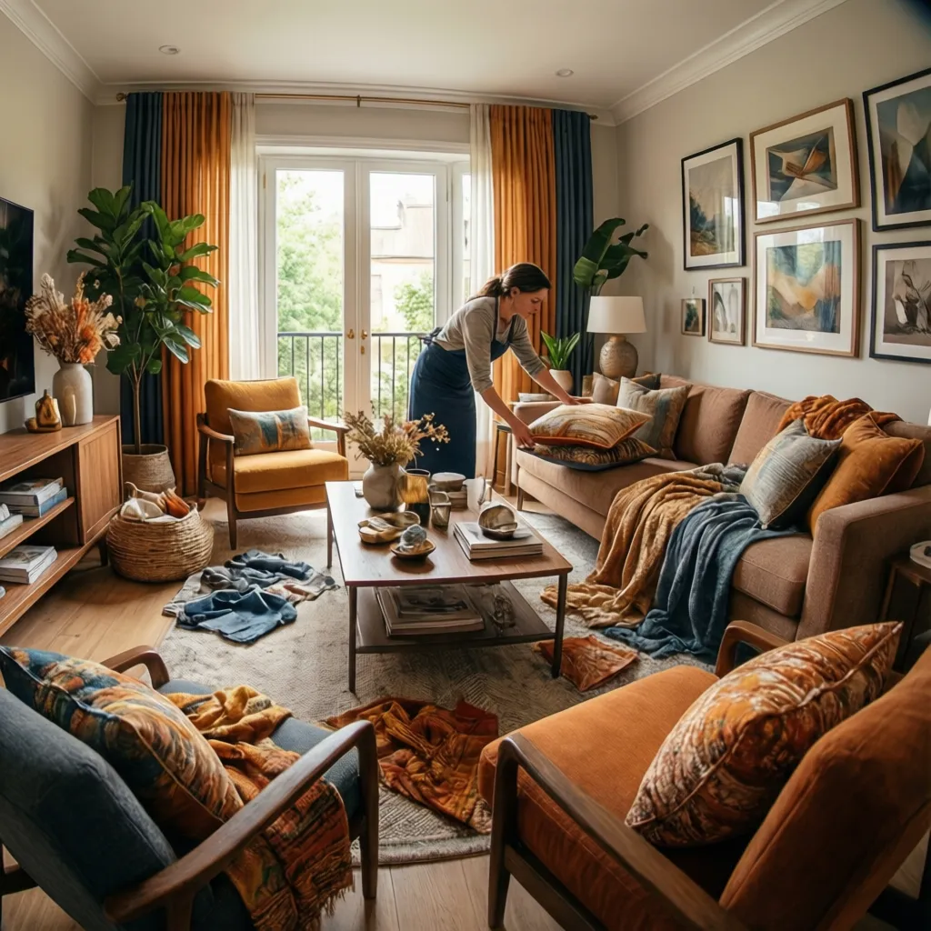 Decorador seleccionando cojines y textiles para un salón