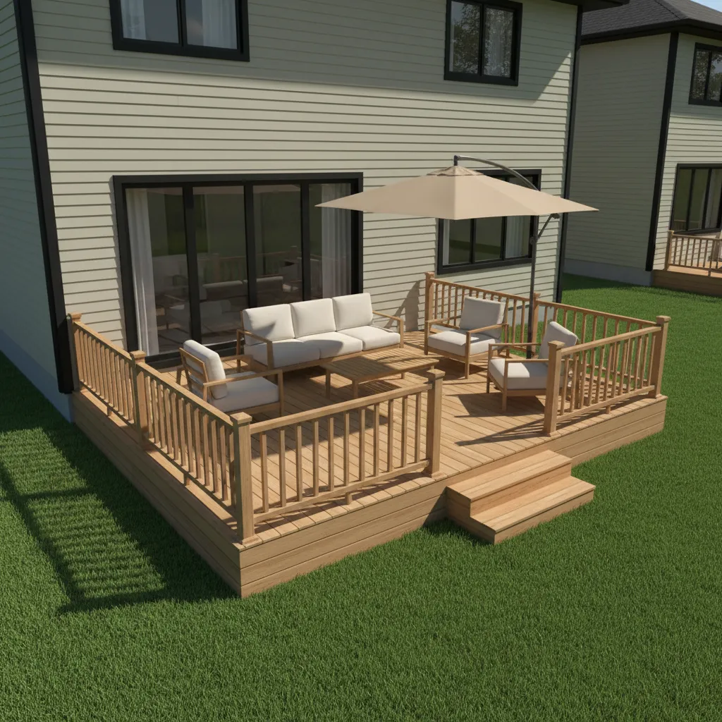 Simple rectangular backyard deck design layout with stairs and railing