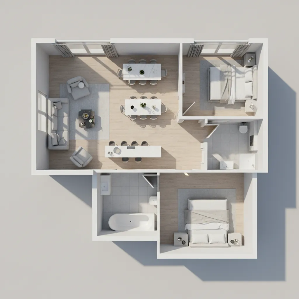 3D floor plan model of a residential home showing rooms and furniture layout