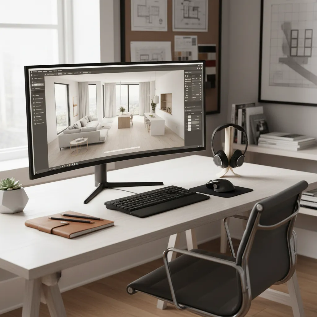 designer working on 3D home layout model on computer screen