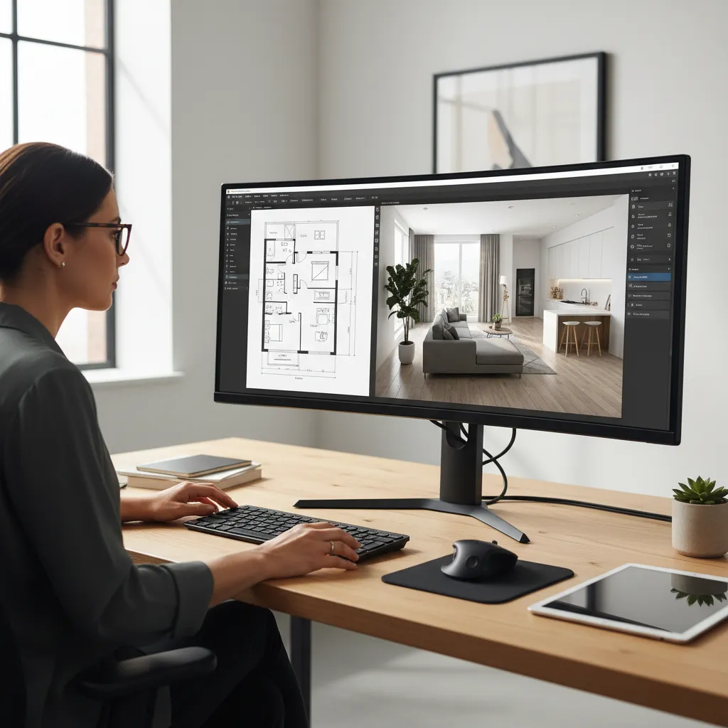 Giao diện phần mềm thiết kế nhà ở với bản vẽ mặt bằng và mô hình 3D