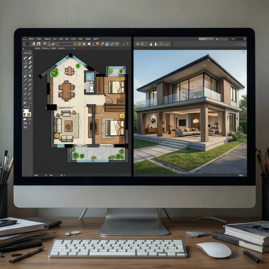 Interfaz de software mostrando plano 2D y vista 3D de una casa