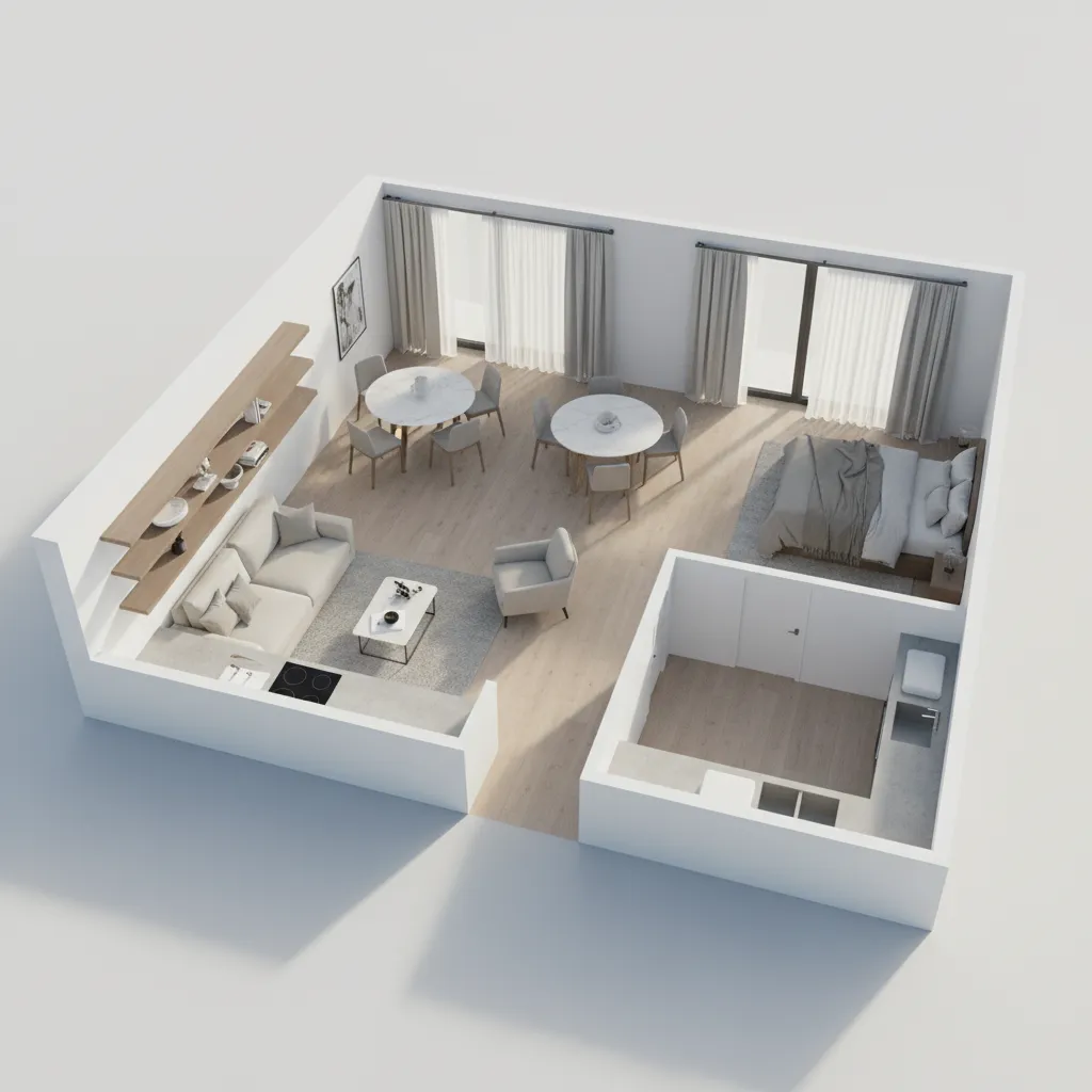Realistic 3D rendered apartment floor plan visualization
