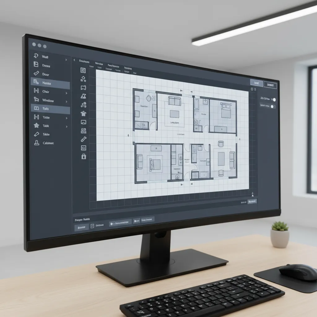 Digital floor plan interface showing walls rooms and furniture layout