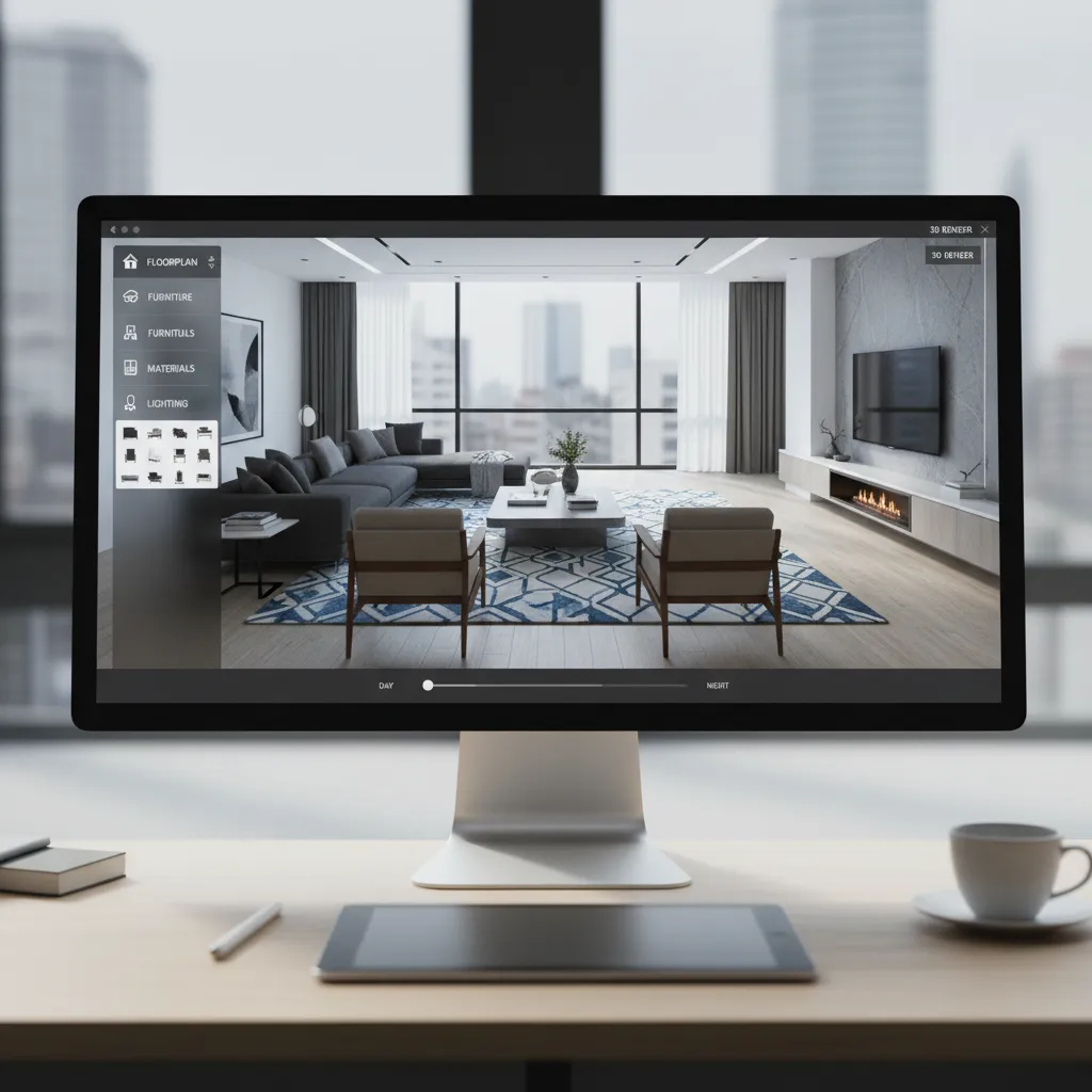 Giao diện ứng dụng thiết kế nhà với mô hình phòng khách 3D