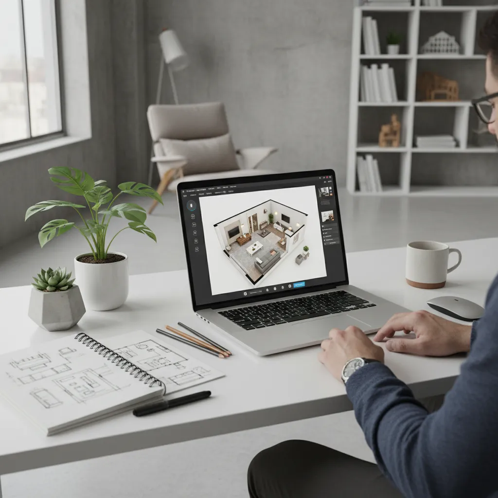 Persona diseñando interior de vivienda en ordenador con software de diseño