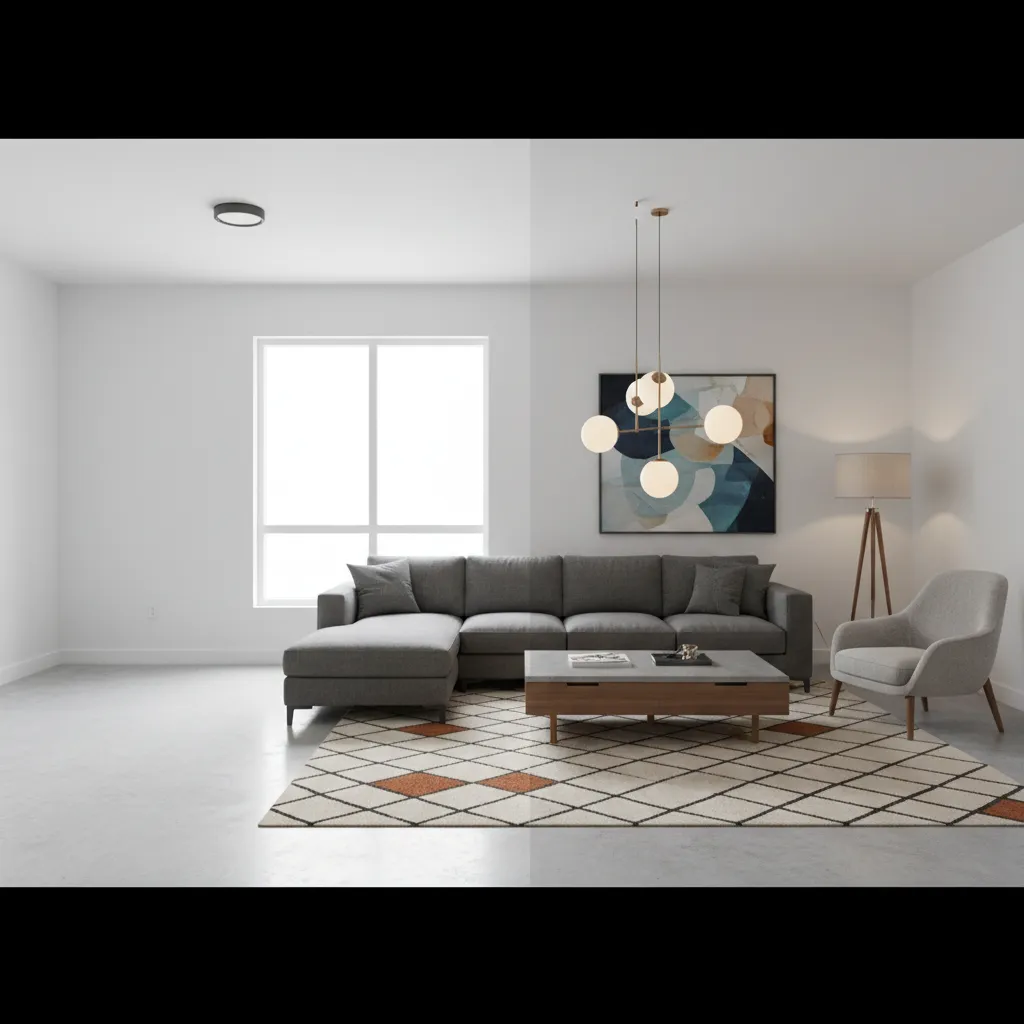 comparison of empty room and furnished layout using home design planning software