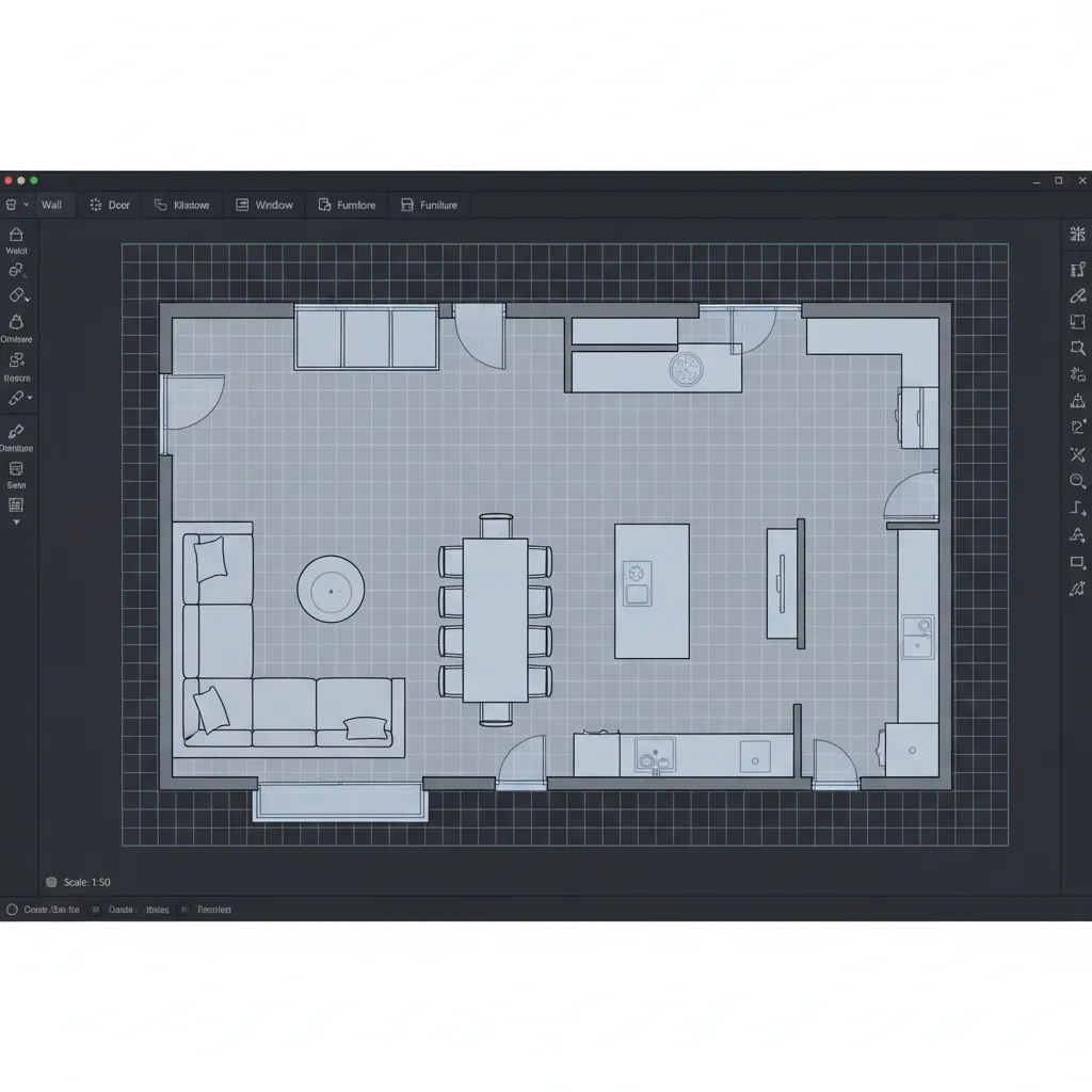 Home layout planning in CAD software showing furniture placement in a floor plan