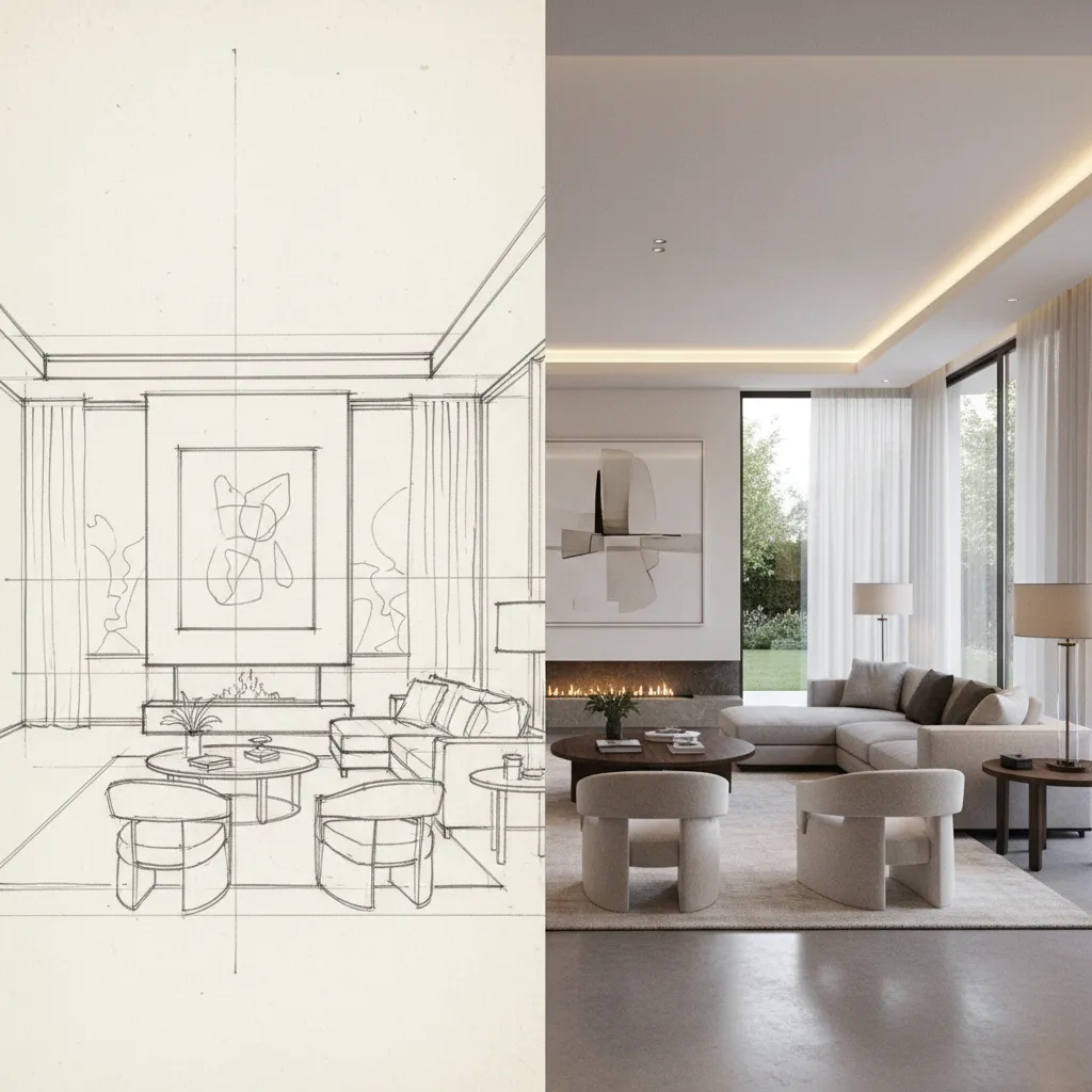 Comparison of architectural concept drawing and finished modern living room interior