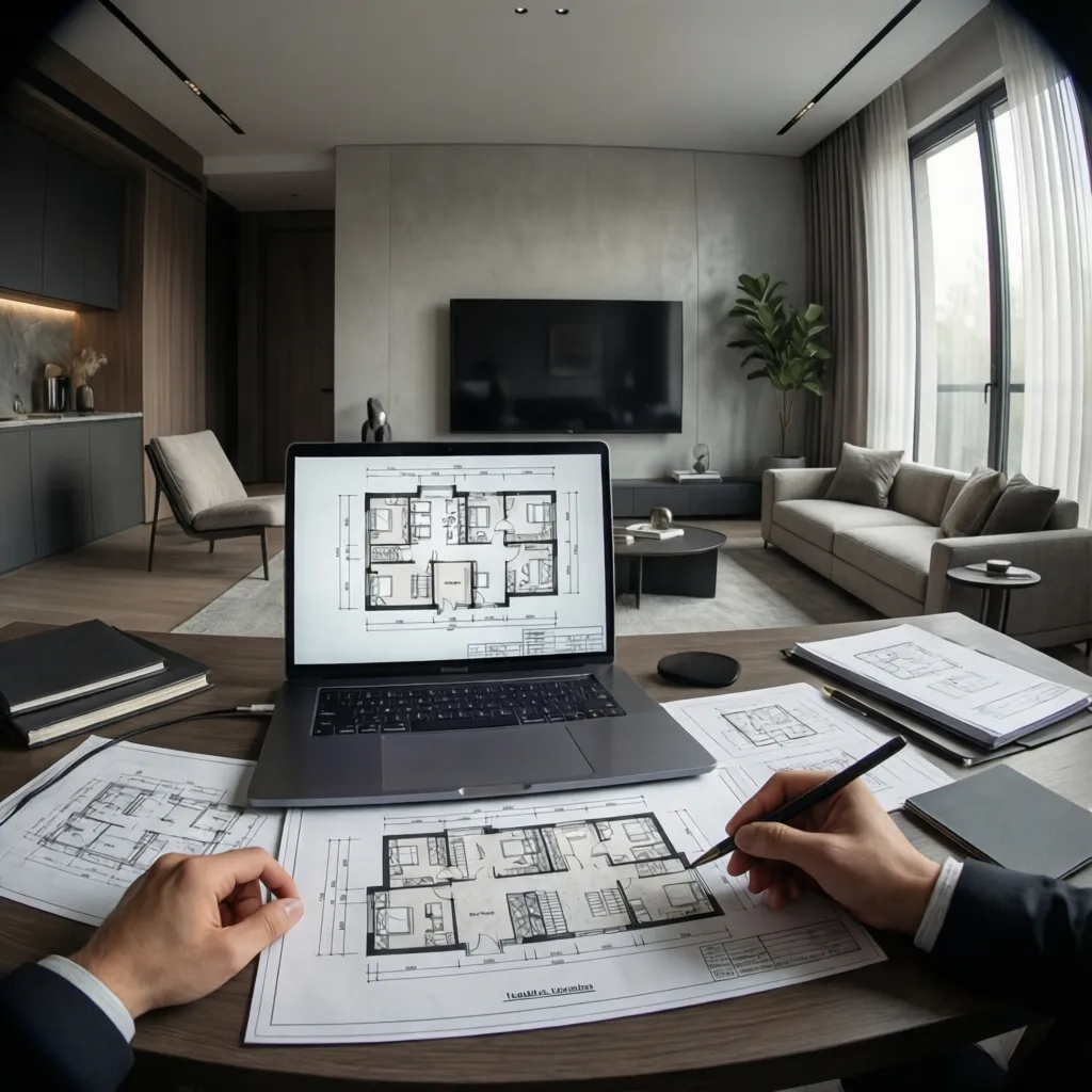 Designer workspace comparing project budgets and home design pricing options