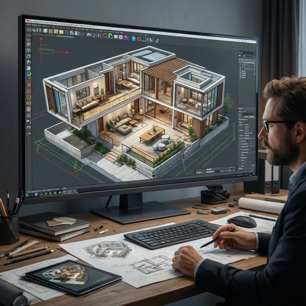 Professional designer using interior design drawing software to create a detailed three-dimensional house floor plan