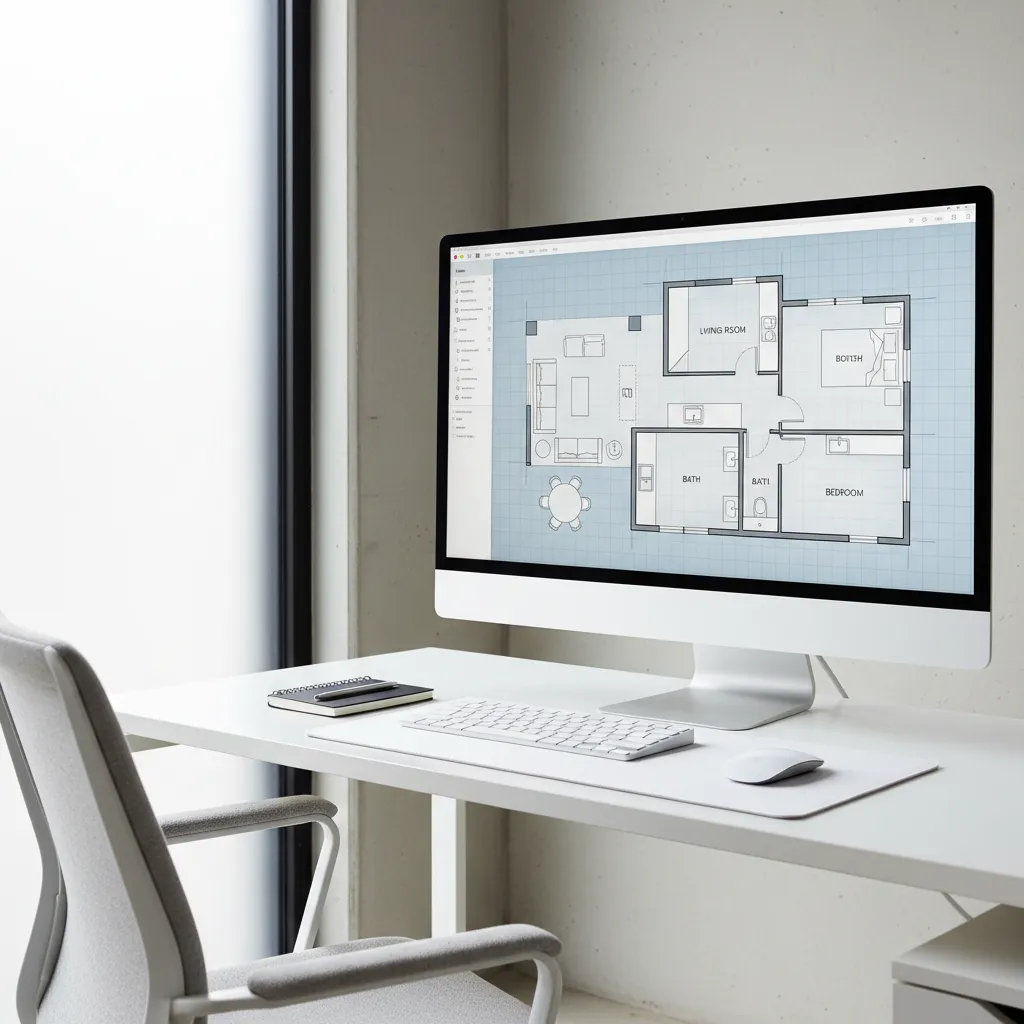 Computer screen on white desk displaying a detailed 2D floor plan for a modern apartment