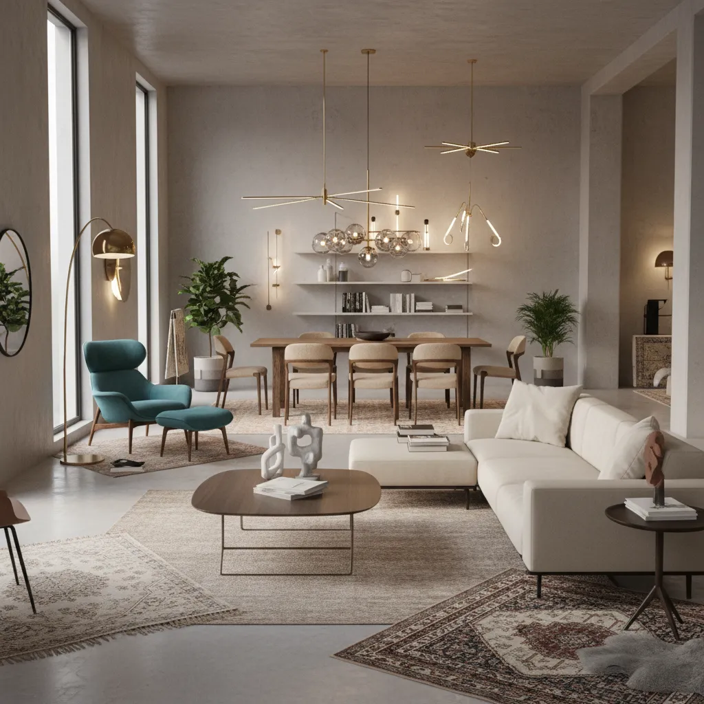 Interior design scene showing multiple furniture style options unlocked
