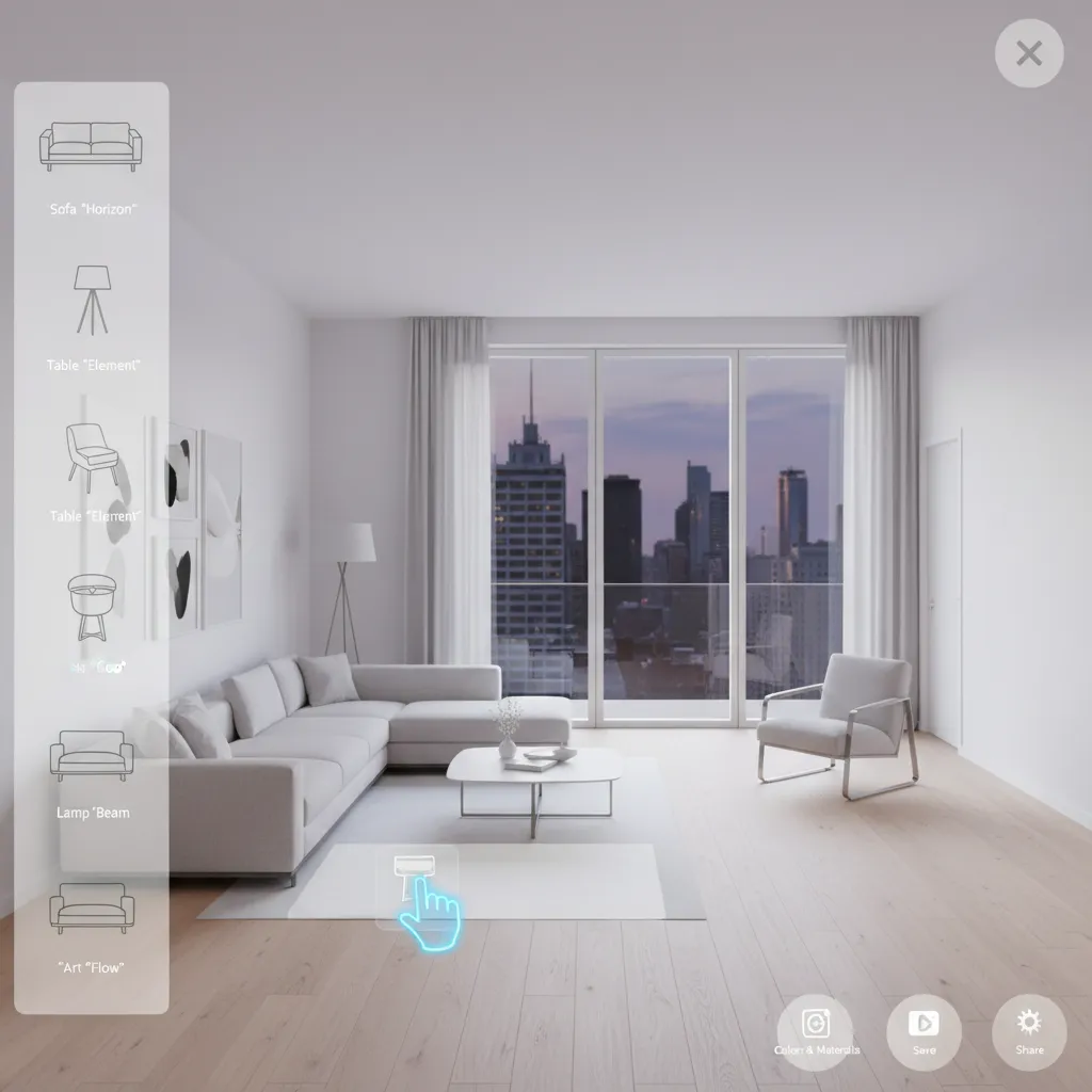 Interior design app interface showing a minimalist living room with furniture selection icons and sofa