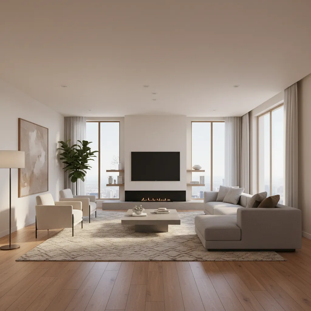 Stylish living room layout similar to a design simulation game environment