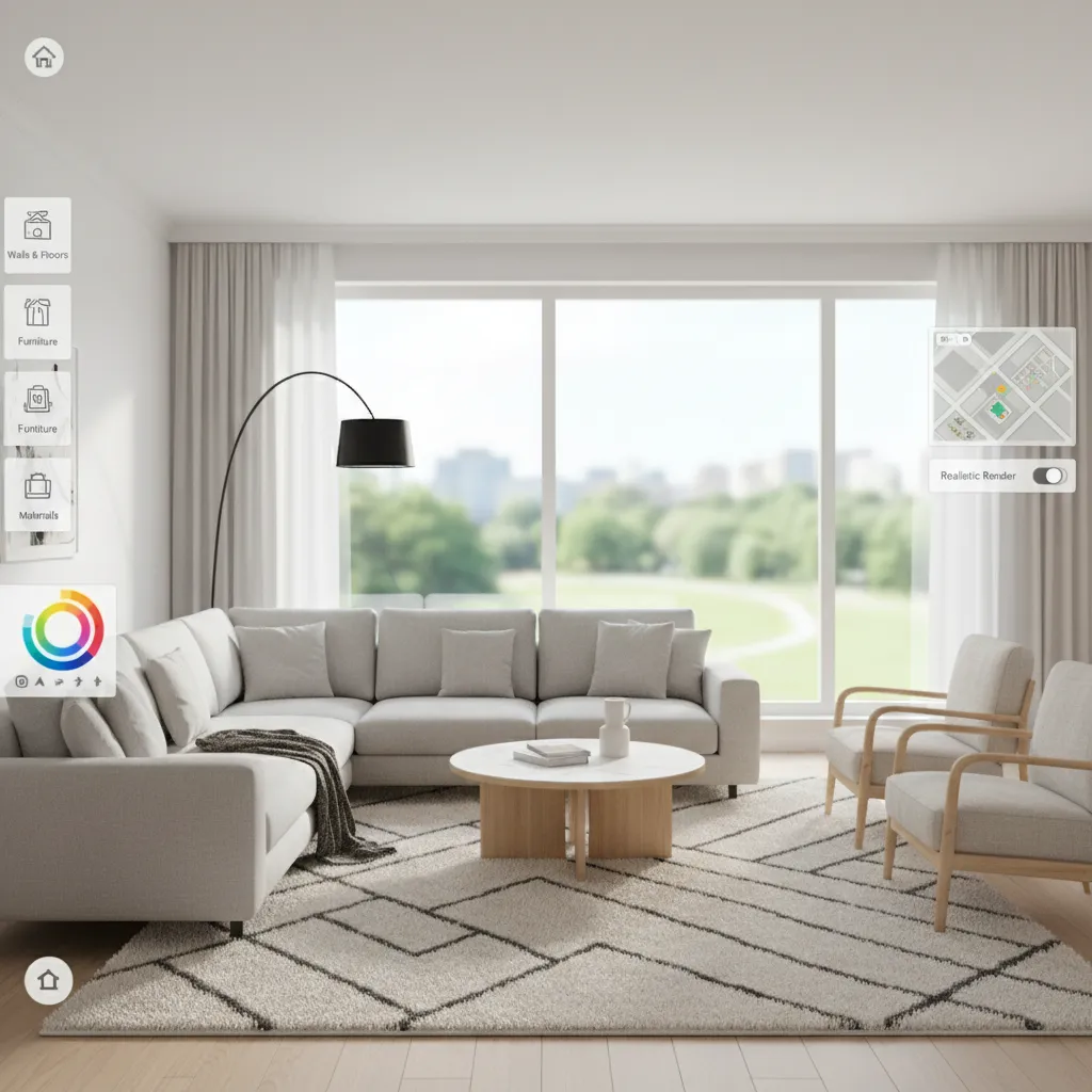 Home design game showing a living room with large windows grey sofa and patterned rug
