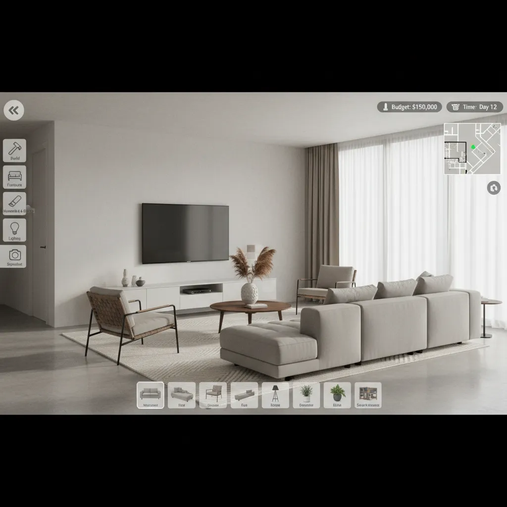 Virtual home design game interface showing a modern living room with grey sofa and table