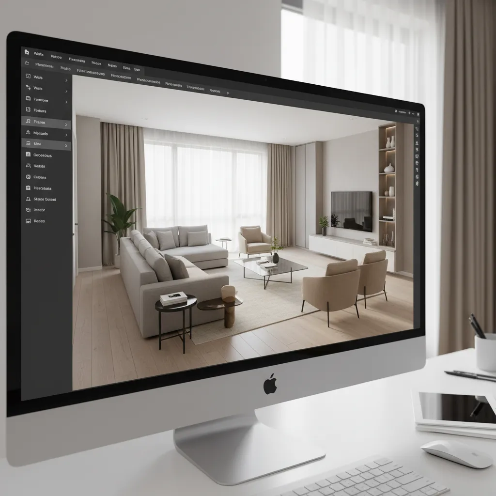Computer screen showing home design software with modern living room featuring grey sofa and chairs