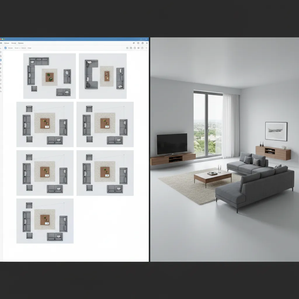 Varias opciones de distribución de muebles en una sala digital