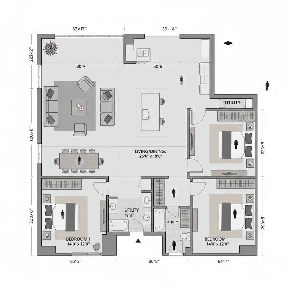 Room layout with measurement guides and spacing planning