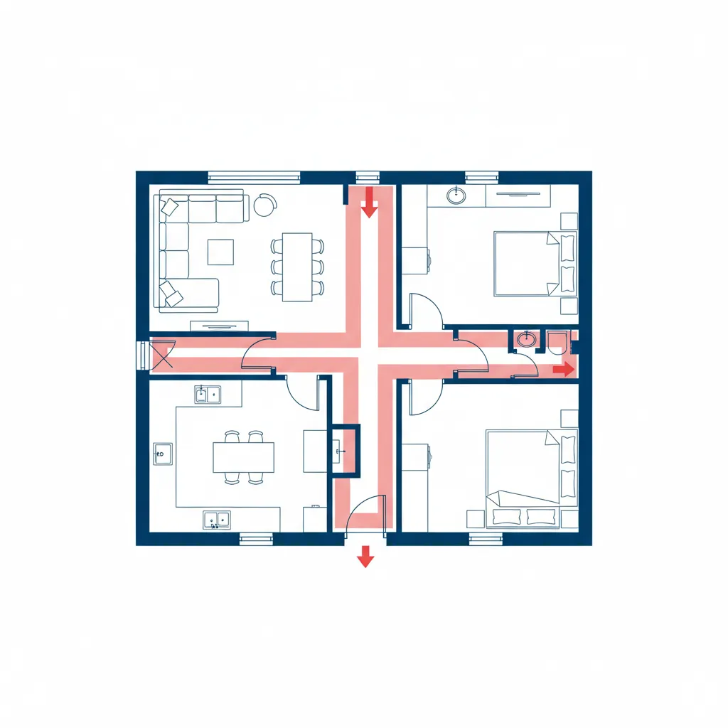 Plano de casa mostrando errores de distribución como pasillos estrechos