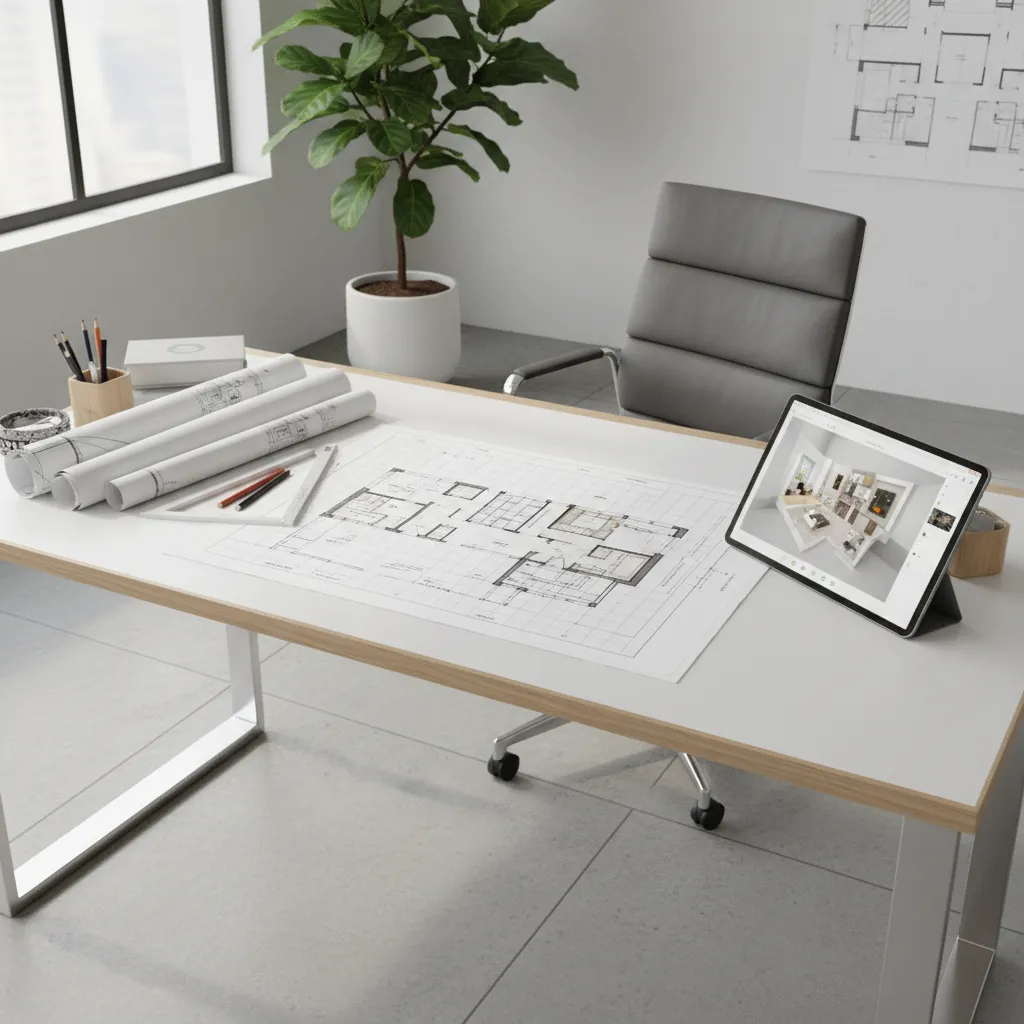 designer comparing floor plans and digital home layouts