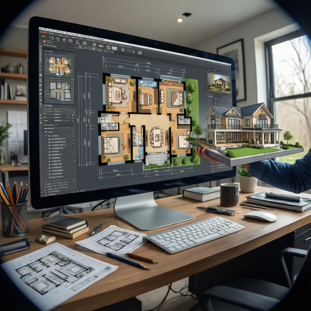 Diseñador planificando una vivienda completa en software de interiores