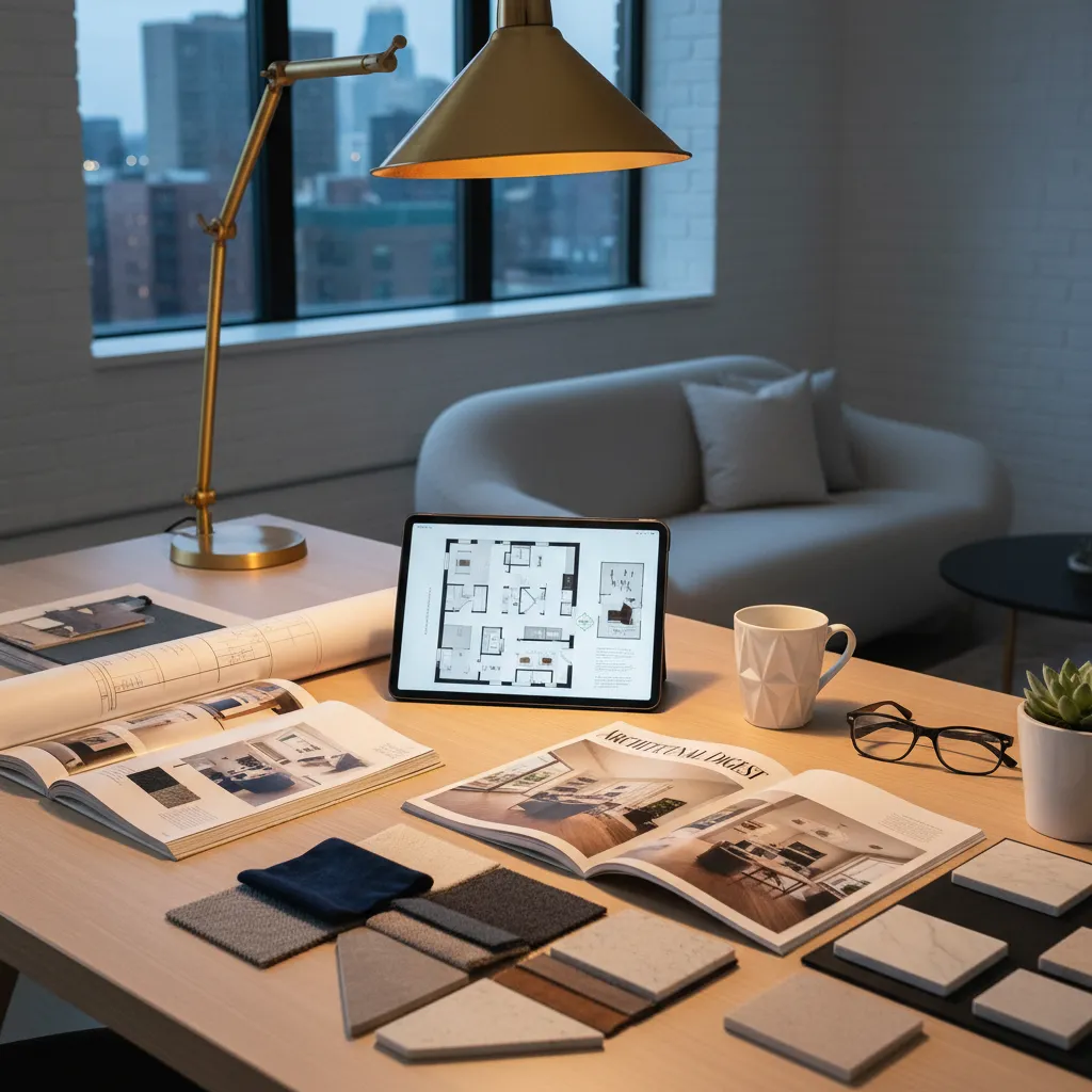 Proceso de planificación de diseño de interiores con tablet, planos y revistas
