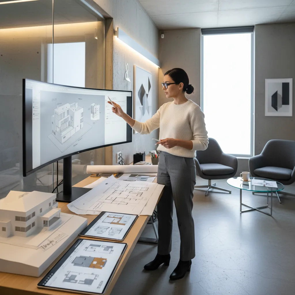 Diseñador revisando el diseño digital de una casa en pantalla grande