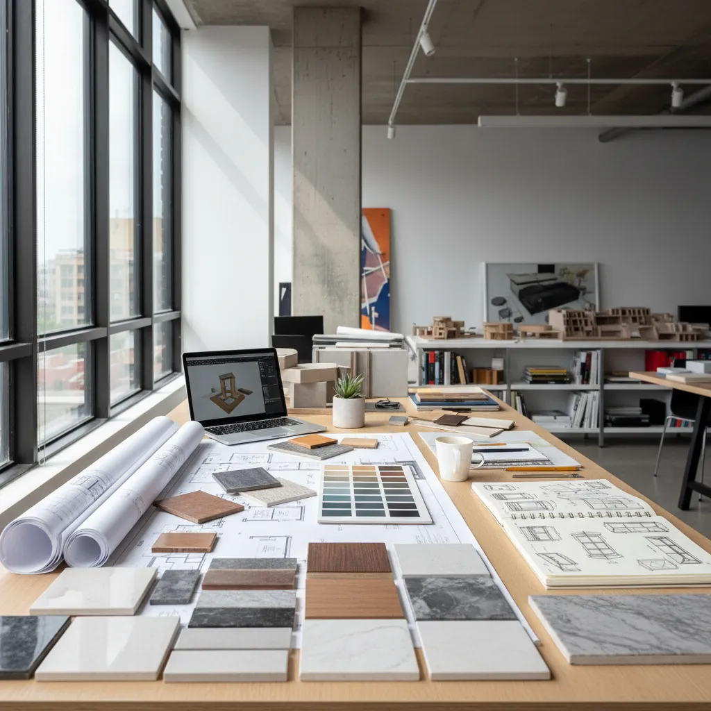 Proceso de planificación de diseño de interiores con planos y muestras de materiales