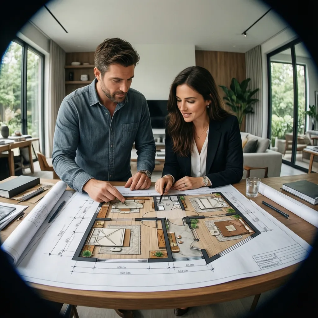 Gia chủ và kiến trúc sư thảo luận bản vẽ mặt bằng nhà