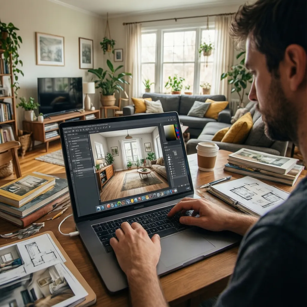 Persona utilizando un programa sencillo para planificar una habitación