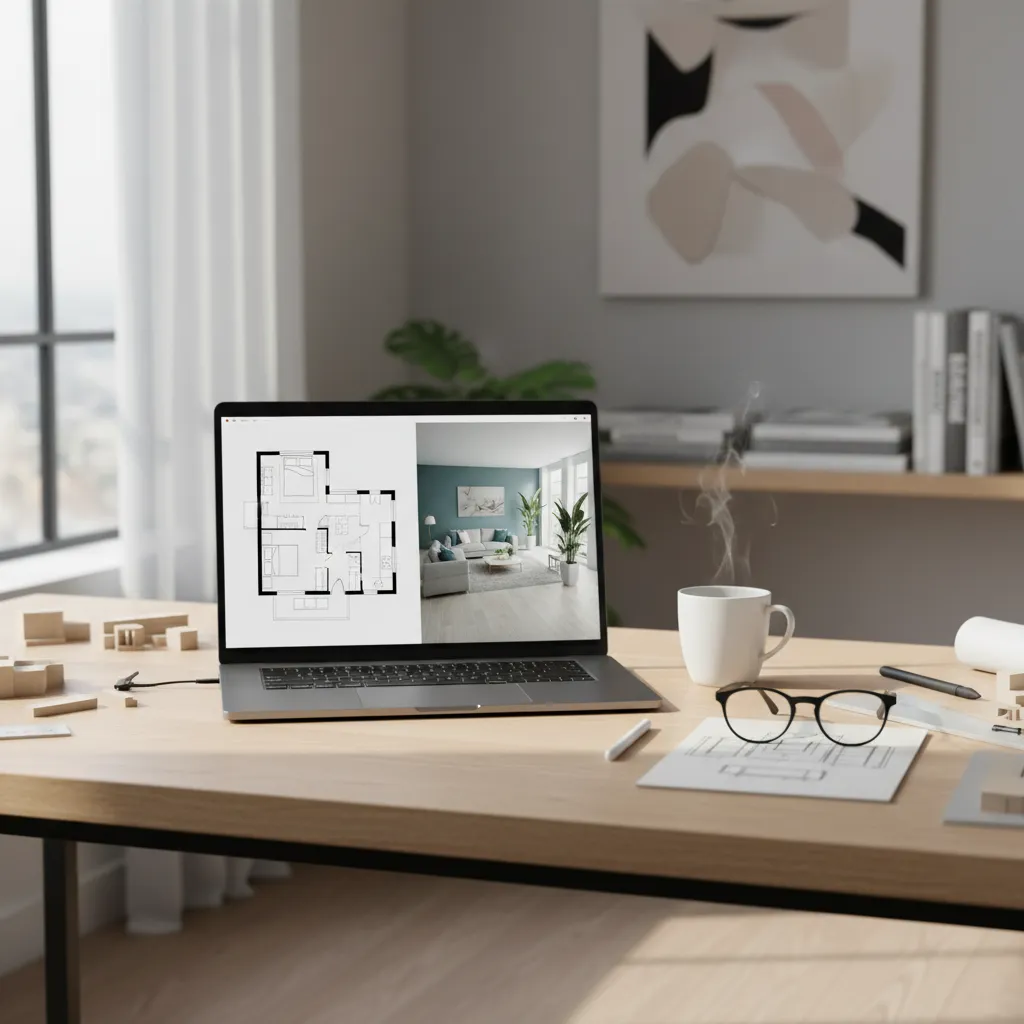 Laptop on desk displaying floor plan and interior design drawing with coffee cup and glasses