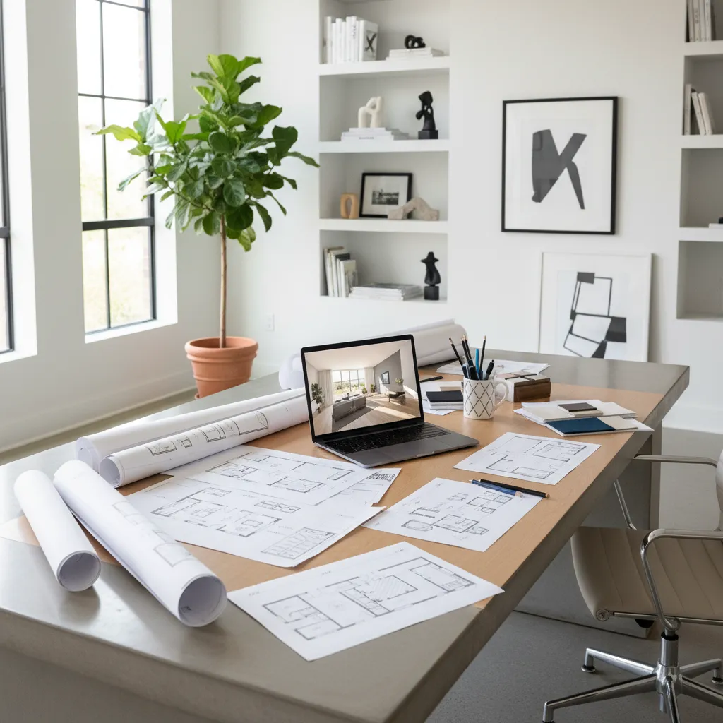 Diseñador trabajando en planificación de interiores con planos de vivienda
