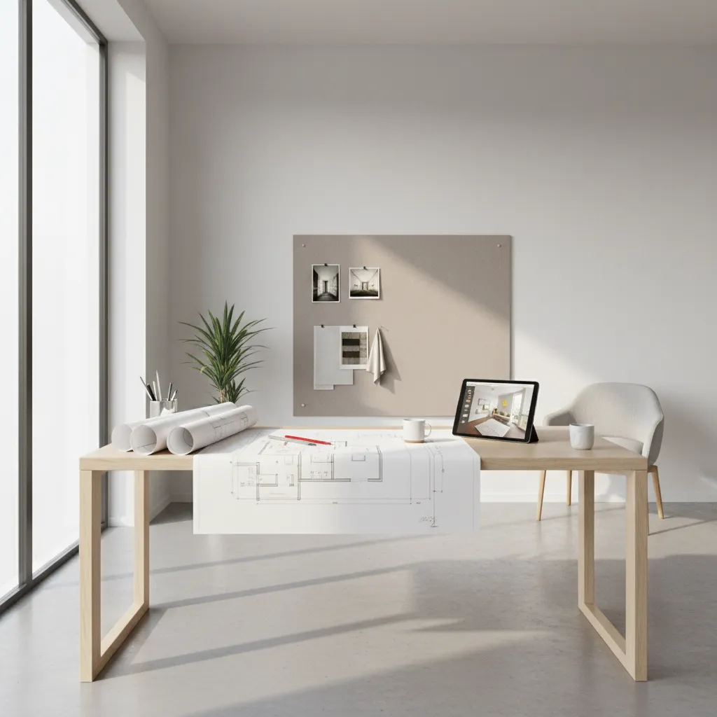 Interior designer planning home layout with sketches and tablet