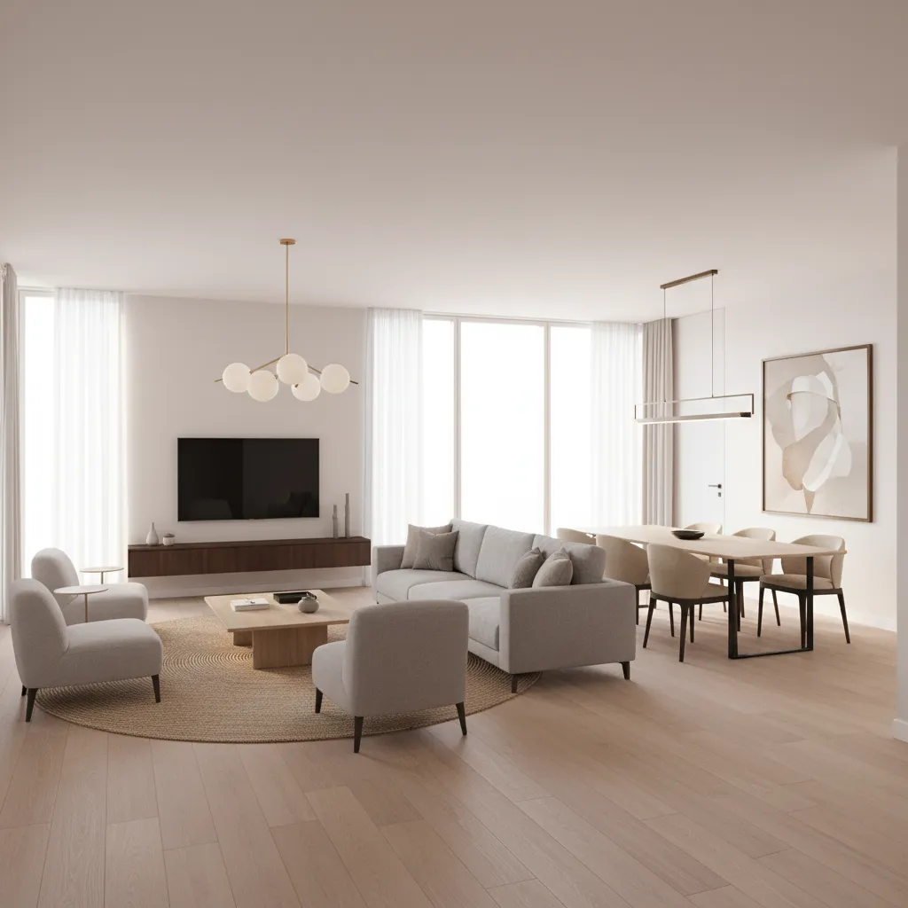 Modern open living room with grey sofa dining table wooden floor ceiling light and windows