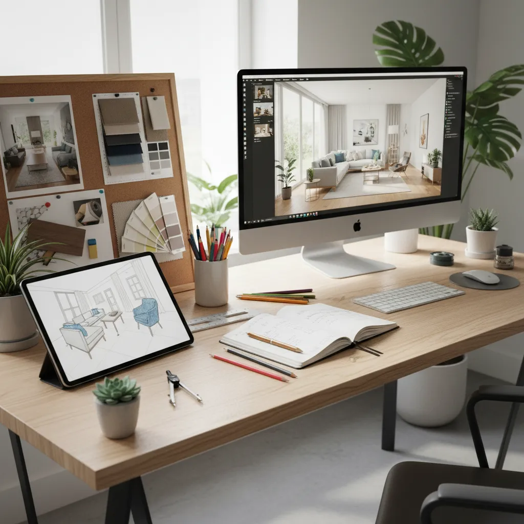 Proceso paso a paso de diseño interior con planos y visualización 3D