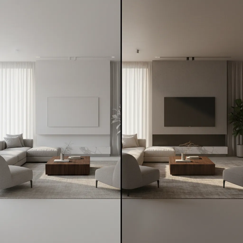 comparison between basic render and realistic interior render in design software