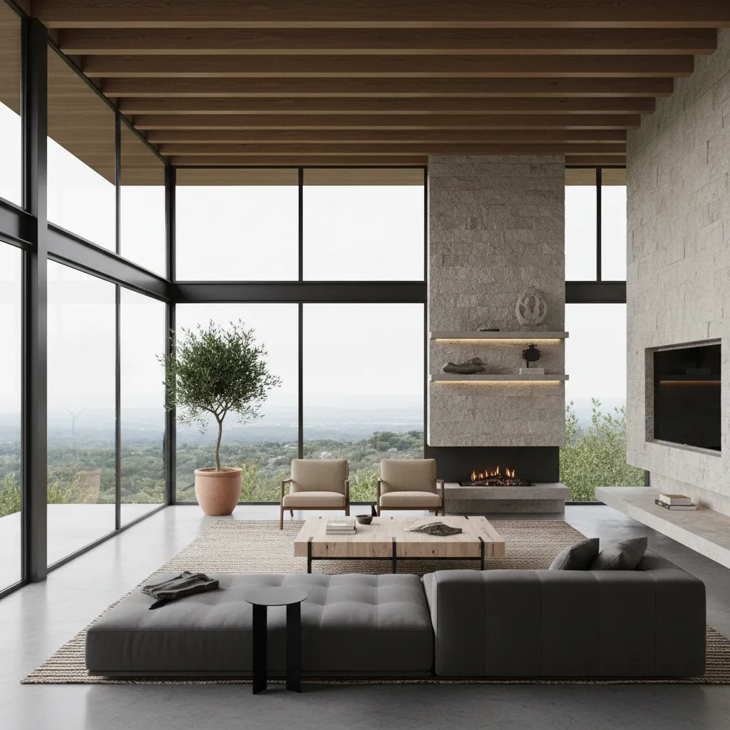 Modern living room with stone fireplace large windows grey sofa wooden ceiling and green potted tree