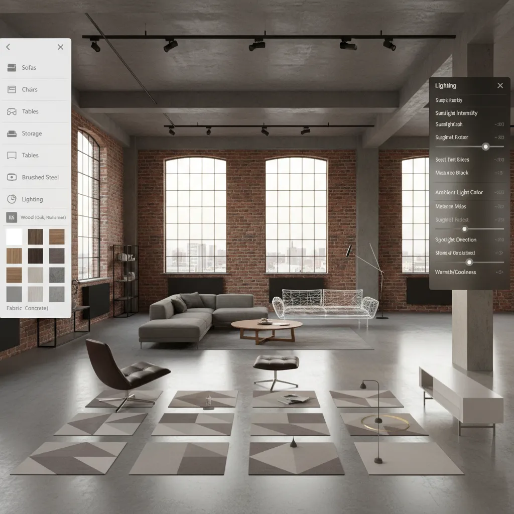 Interior design software interface showing industrial loft with brick walls lighting menus and furniture options