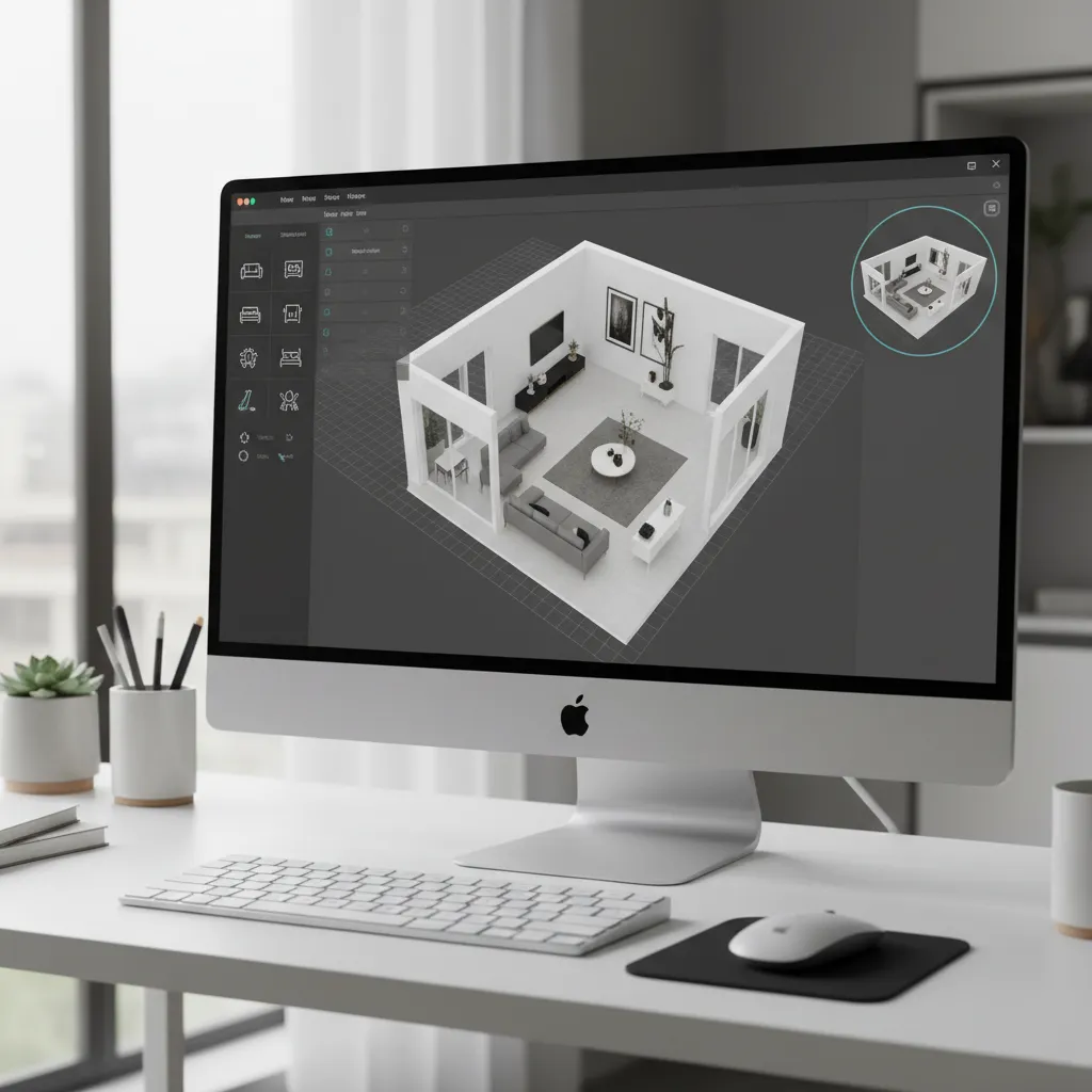 Desktop computer screen showing 3D interior design software with a living room layout and furniture